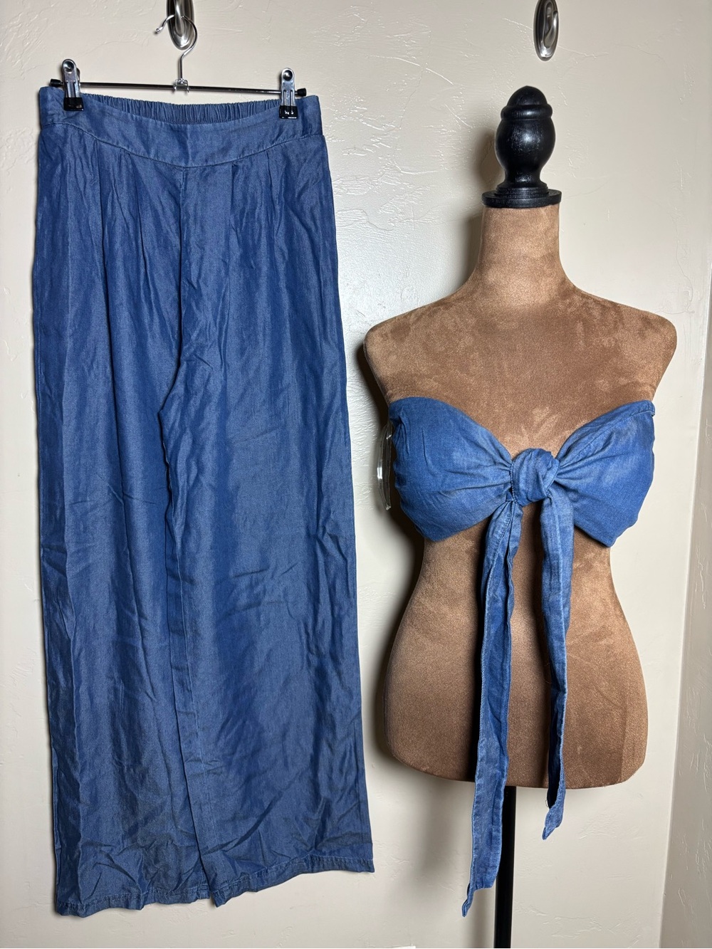 Blāshe Wide leg pants tie front bandeau top 2 piece set outfit denim blue color